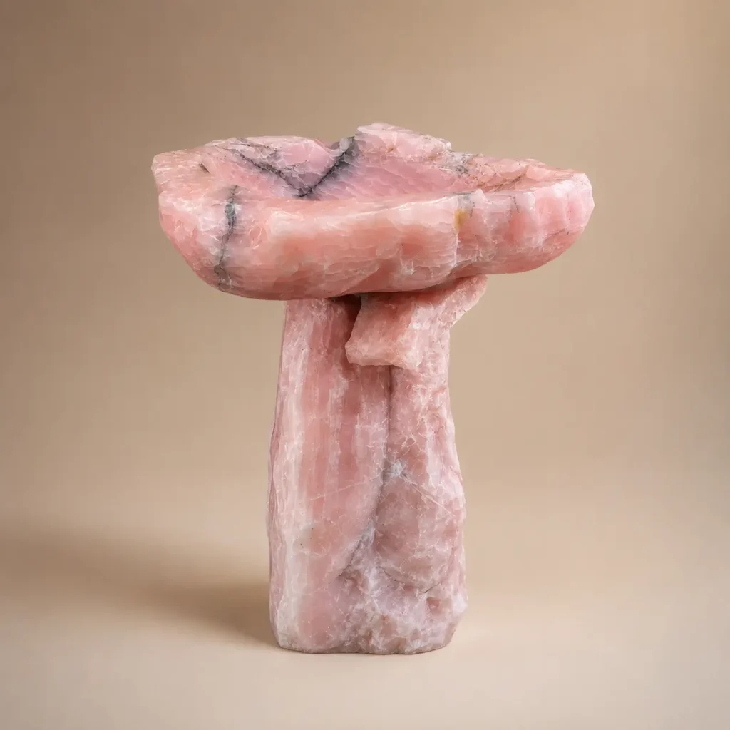 Custom pink onyx bathroom vanity with sculptural pedestal design