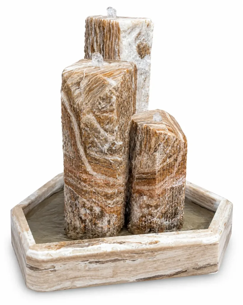Luxury Travertine Onyx fountain with natural beige and brown layered stone by Pakistan Marble & Onyx