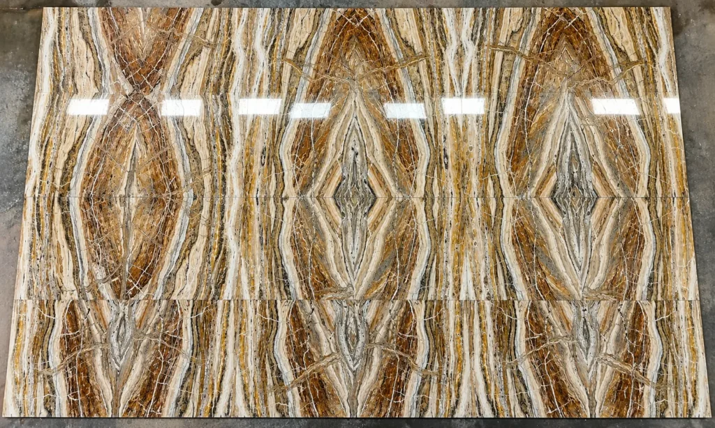 Luxury Travertine Onyx slab with warm earthy tones and natural layered patterns