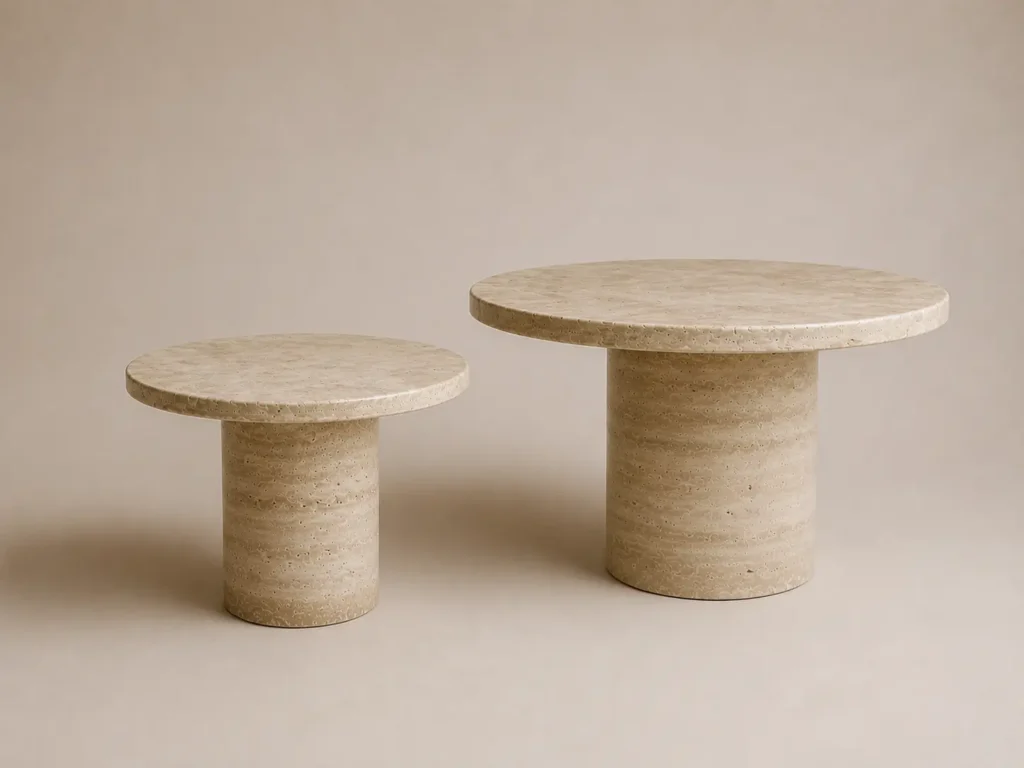 travertine coffee table and matching side table with polished natural stone finish