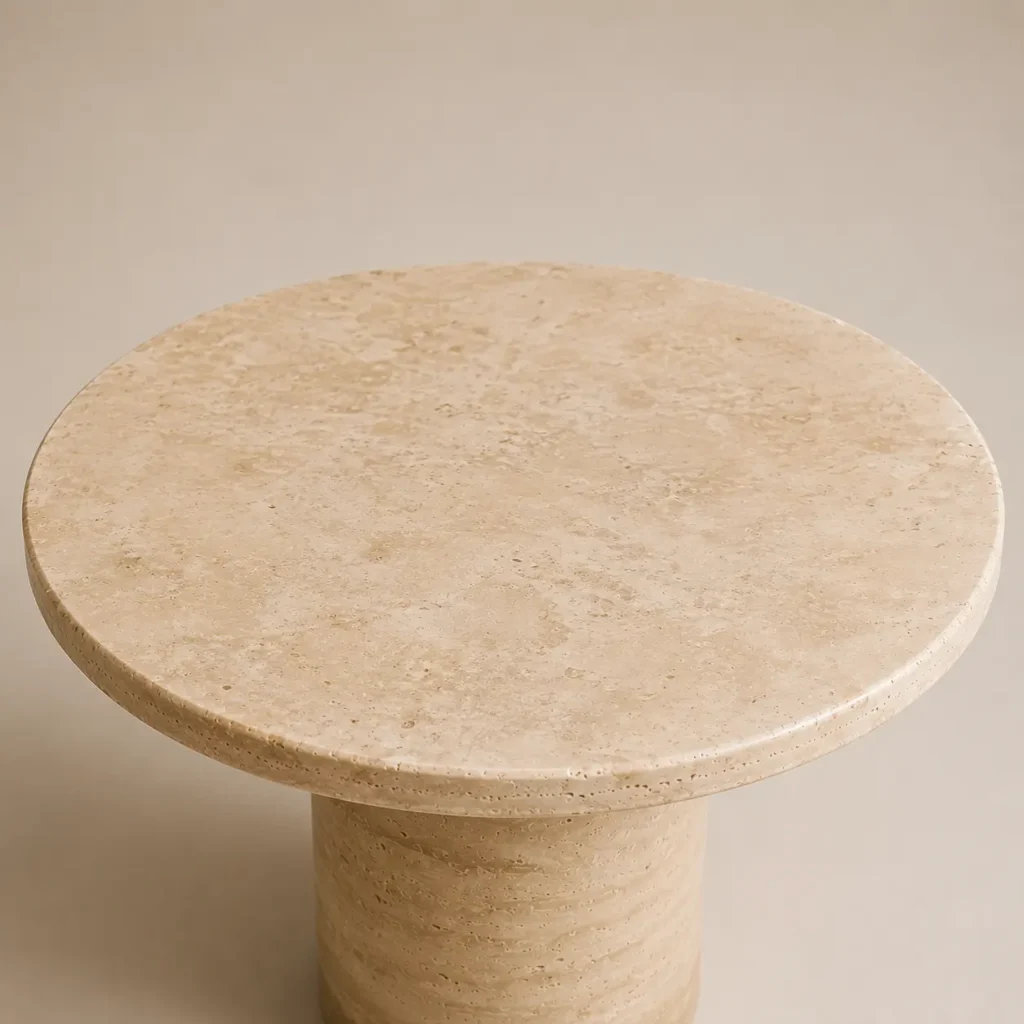 travertine coffee table and side table and coffee table set in polished beige natural stone, manufactured and exported worldwide by Pakistan Marble & Onyx