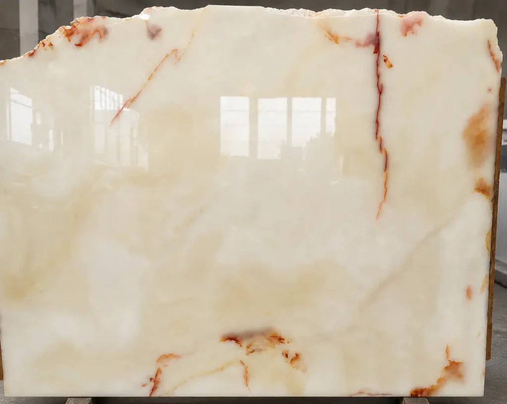 Book matched pair of Afghan White Onyx slabs cut from the same block with mirror image veining pattern