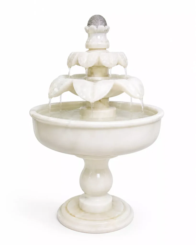 Afghan White Onyx Lotus Fountain handcrafted by Pakistan Marble & Onyx for luxury gardens, villas, hotels, courtyards, landscape projects, and premium outdoor water features.