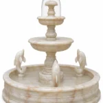 Afghan White Onyx Fountain handcrafted by Pakistan Marble & Onyx with carved dolphin sculptures, luxury multi-tier design, and premium natural white onyx for gardens, hotels, villas, and worldwide export.