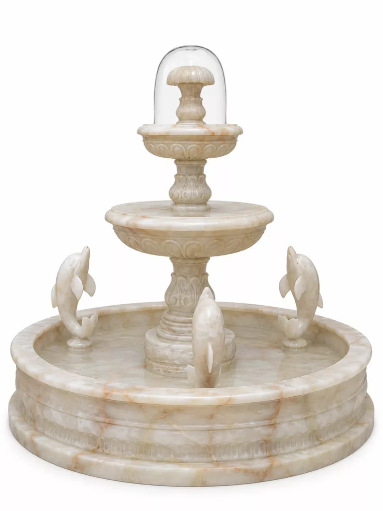 Afghan White Onyx Fountain handcrafted by Pakistan Marble & Onyx with carved dolphin sculptures, luxury multi-tier design, and premium natural white onyx for gardens, hotels, villas, and worldwide export.