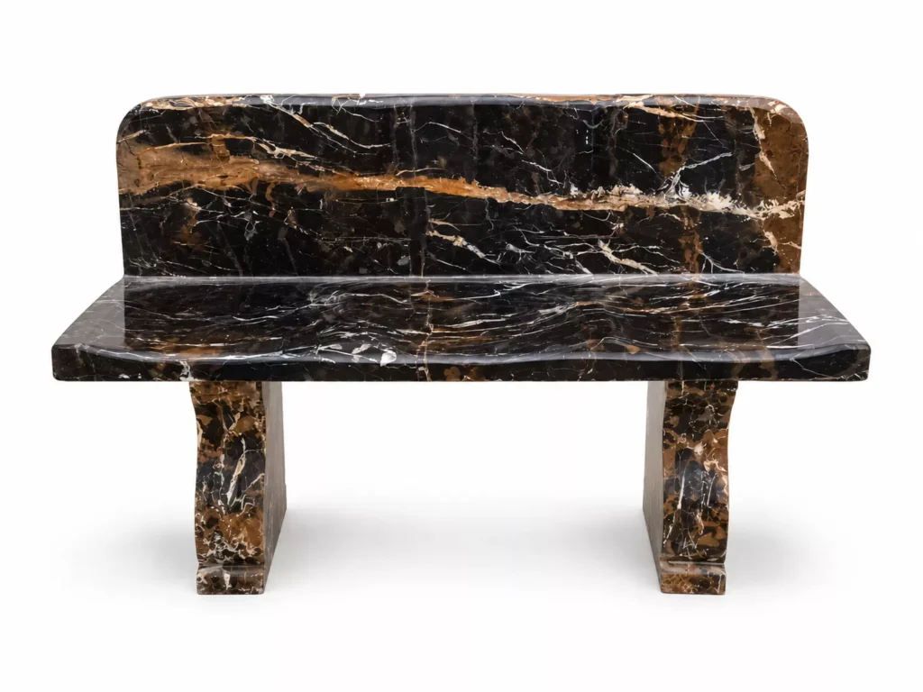 Luxury Black & Gold Marble Bench handcrafted by Pakistan Marble & Onyx featuring natural black marble with striking gold veining, ideal for luxury homes, villas, hotels, gardens, commercial spaces, and worldwide export.