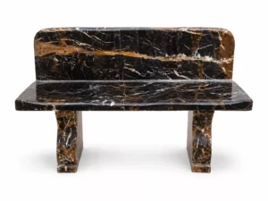 Luxury Black & Gold Marble Bench handcrafted by Pakistan Marble & Onyx featuring natural black marble with striking gold veining, ideal for luxury homes, villas, hotels, gardens, commercial spaces, and worldwide export.