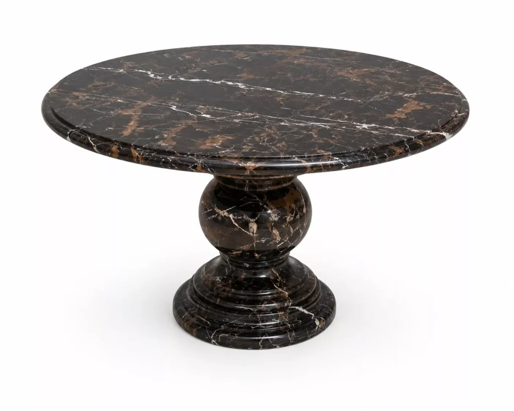 Luxury Black & Gold Marble round center table with a sculptural pedestal base, handcrafted from premium natural marble by Pakistan Marble & Onyx.