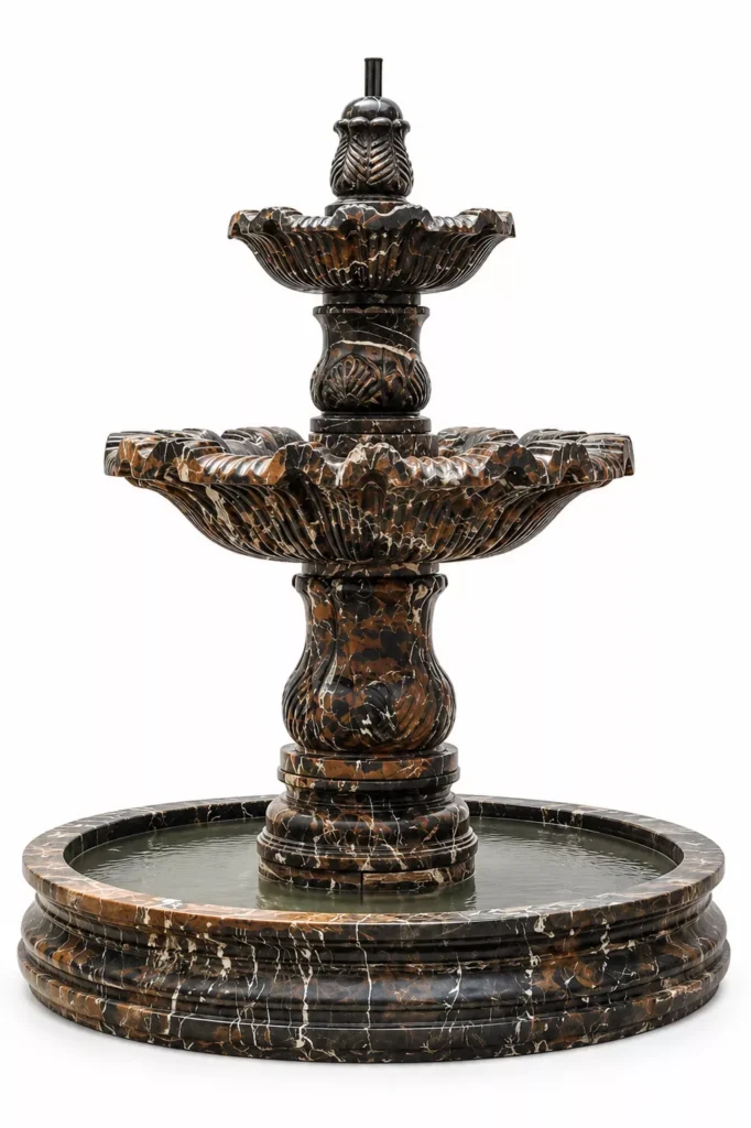 Black & Gold Marble Royal Tiered Fountain handcrafted by Pakistan Marble & Onyx for luxury homes, villas, hotels, resorts, gardens, courtyards, landscape architecture, commercial projects, and premium outdoor water features.