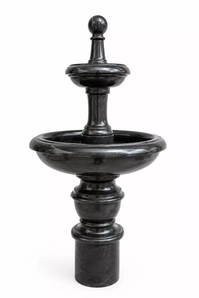 Imperial Silky Black Marble Pedestal Fountain handcrafted by Pakistan Marble & Onyx featuring a luxury two-tier polished marble design for gardens, villas, hotels, courtyards, resorts, and worldwide export.
