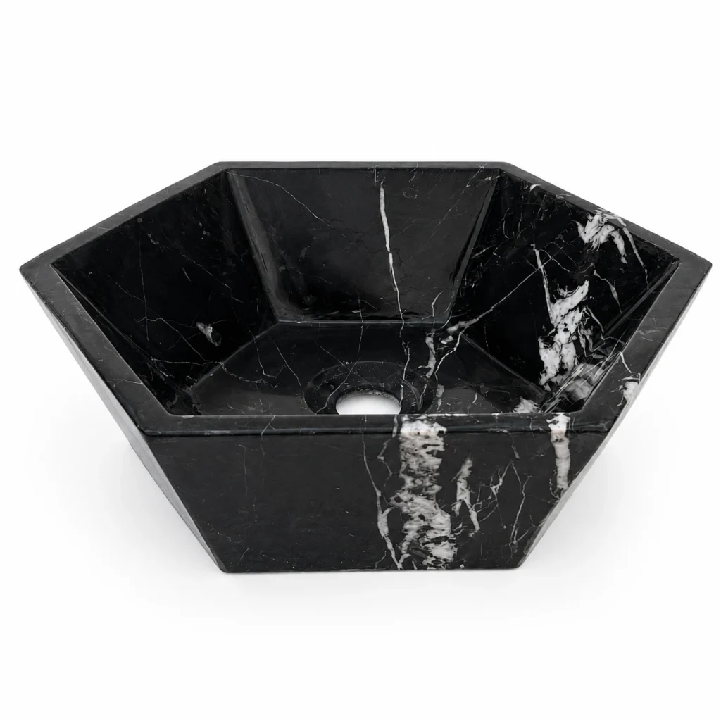 Black and white marble sink with natural white veining by Pakistan Marble & Onyx