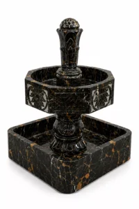 Handcrafted Black, Gold & White Marble Heritage Fountain by Pakistan Marble & Onyx featuring a geometric basin and elegant carved details for luxury homes, villas, hotels, resorts, courtyards, gardens, commercial landscapes, and premium outdoor water features.