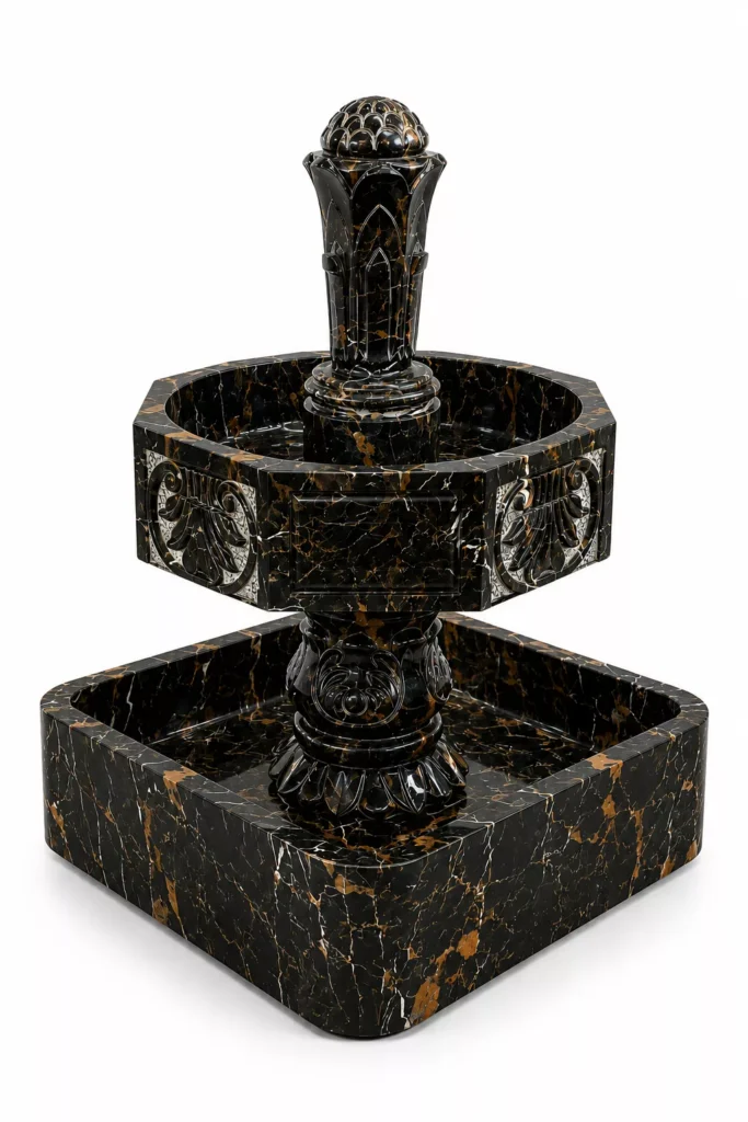 Handcrafted Black, Gold & White Marble Heritage Fountain by Pakistan Marble & Onyx featuring a geometric basin and elegant carved details for luxury homes, villas, hotels, resorts, courtyards, gardens, commercial landscapes, and premium outdoor water features.