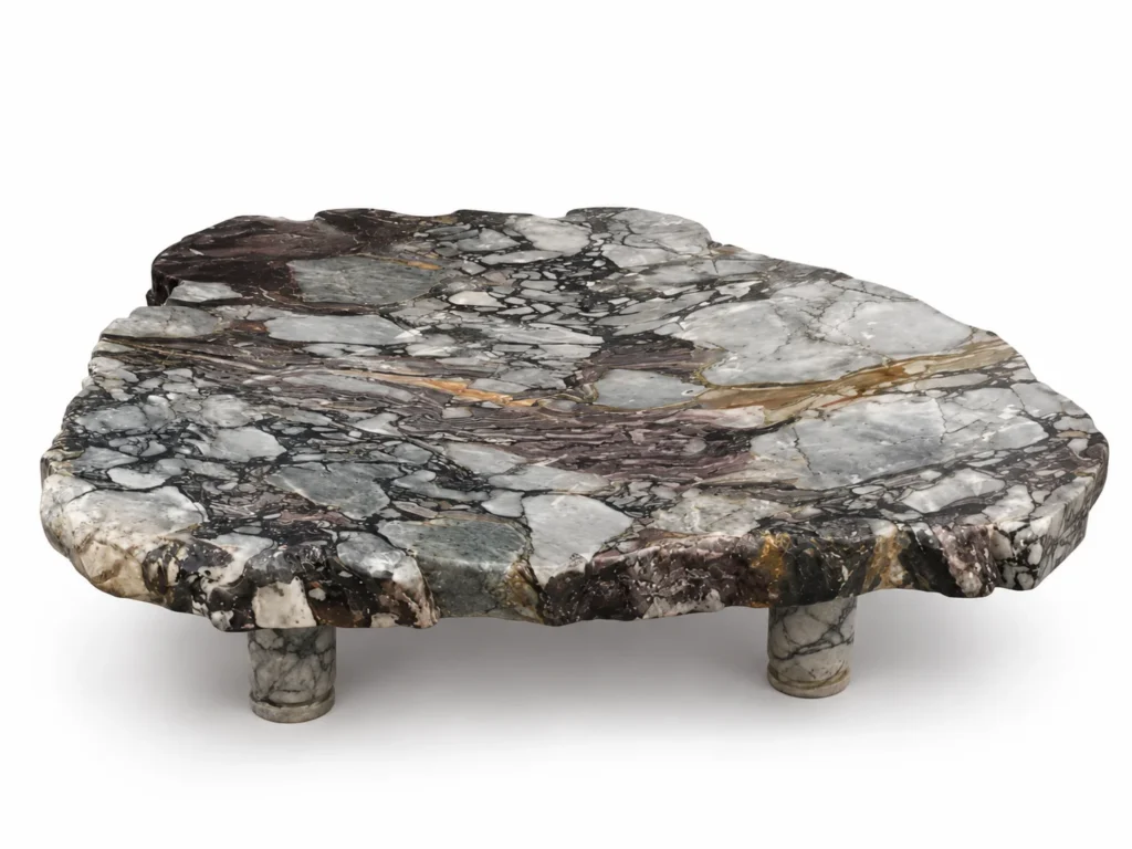 Luxury Calacatta Viola Marble coffee table with an organic freeform top and cylindrical marble legs, handcrafted from premium natural stone.