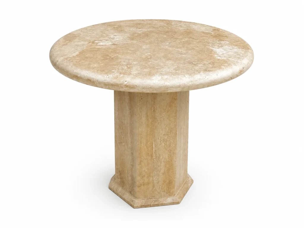 Natural Travertine marble round dining table with a minimalist pedestal base, handcrafted for luxury residential and commercial interiors.