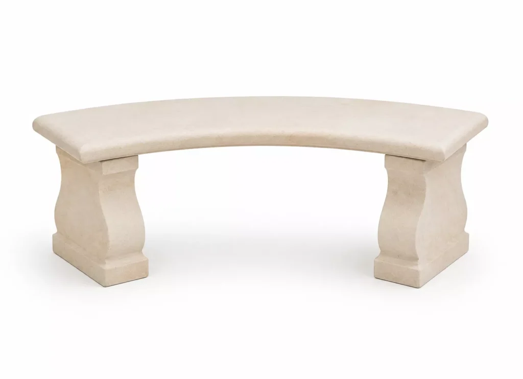 Luxury Cream Marble Bench handcrafted by Pakistan Marble & Onyx with a curved seat and natural cream marble finish for gardens, villas, hotels, luxury homes, and worldwide export.