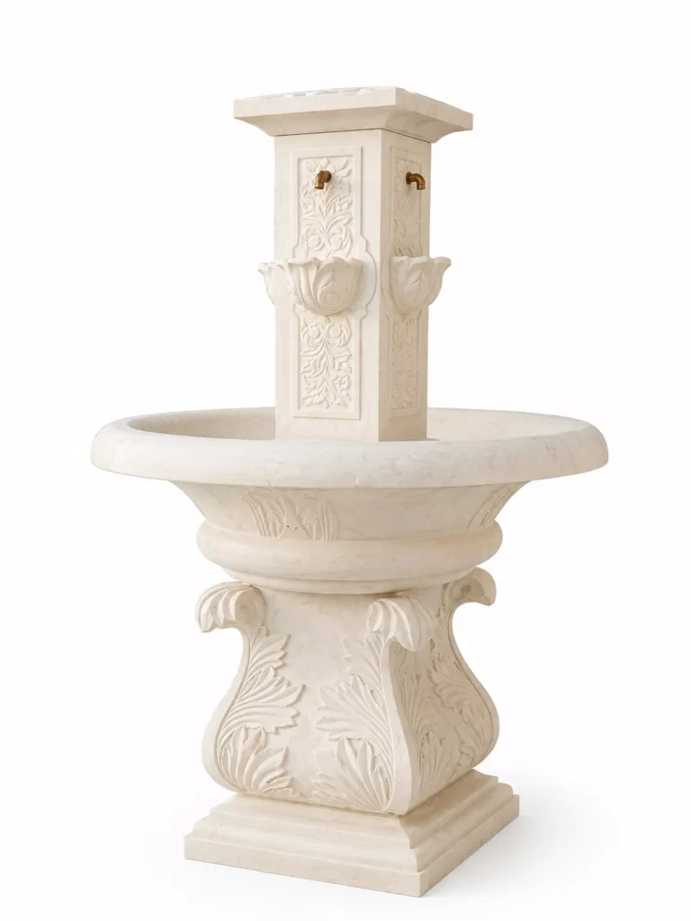 Cream Marble Classic Garden Fountain handcrafted by Pakistan Marble & Onyx for luxury homes, villas, hotels, resorts, courtyards, gardens, patios, landscape architecture, commercial projects, and premium outdoor water features.