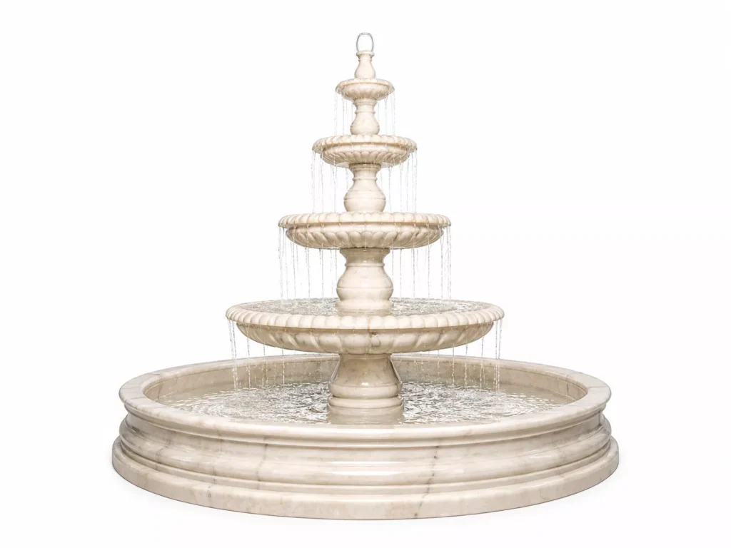 Royal Cream Marble Four-Tier Fountain handcrafted by Pakistan Marble & Onyx for luxury gardens, villas, hotels, courtyards, landscape projects, and outdoor water features.