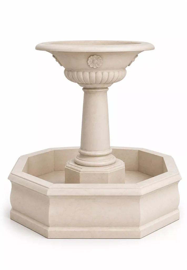 Cream Marble Fountain handcrafted by Pakistan Marble & Onyx with a decorative pedestal bowl and octagonal basin for luxury gardens, villas, hotels, courtyards, and worldwide export.