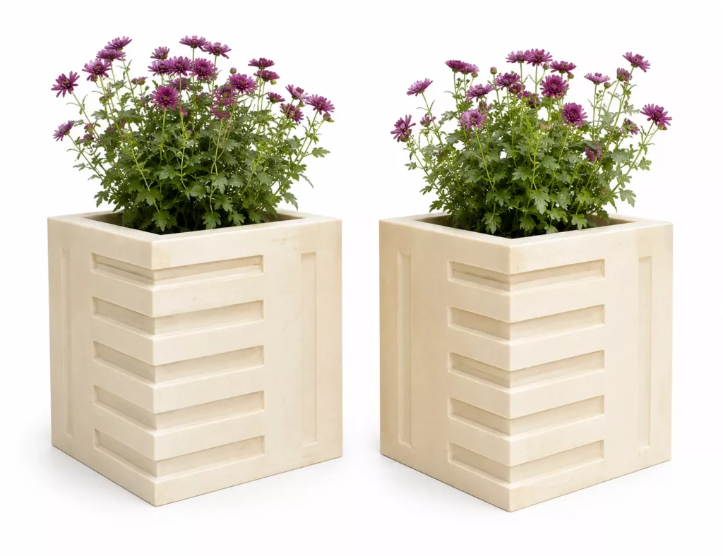 Modern Cream Marble cube planter handcrafted by Pakistan Marble & Onyx for luxury homes, hotels, commercial landscaping, custom manufacturing, and worldwide export.