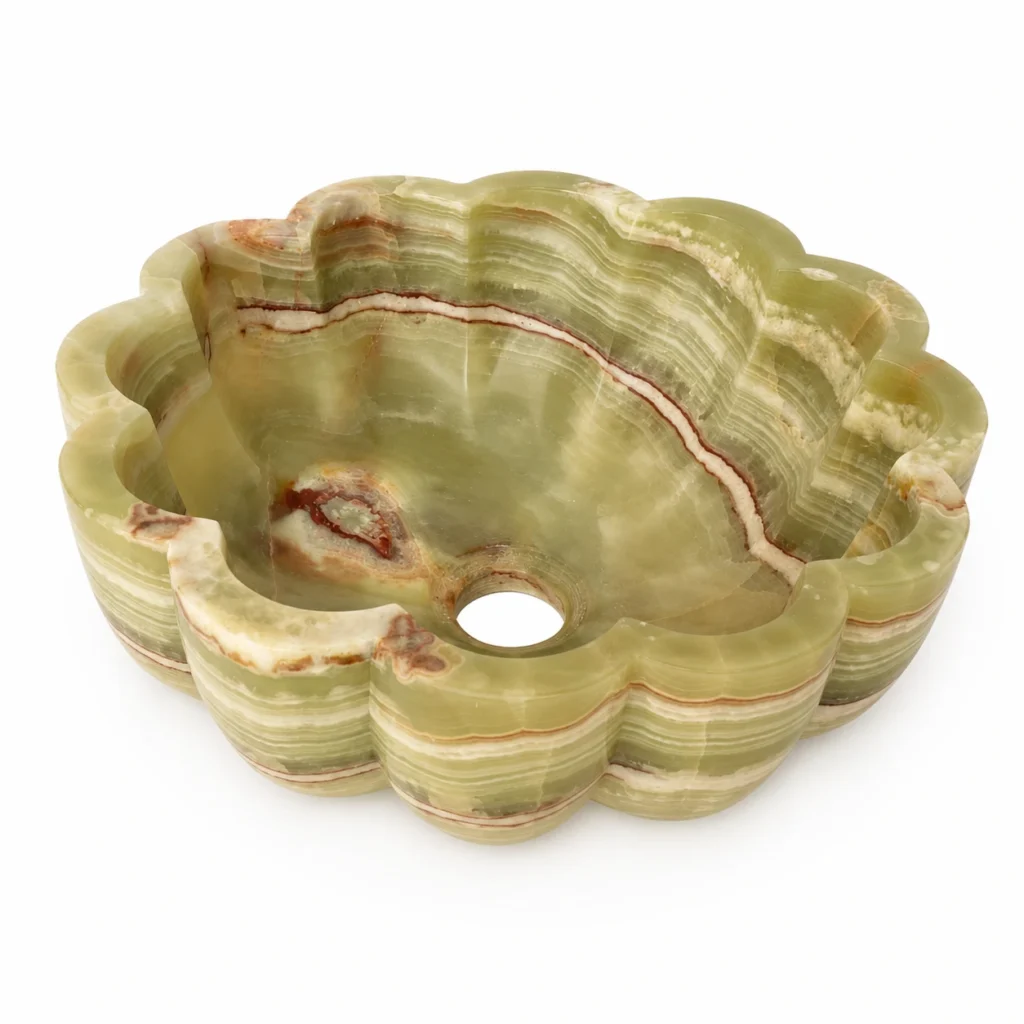 Green onyx natural stone sink with layered veining by Pakistan Marble & Onyx