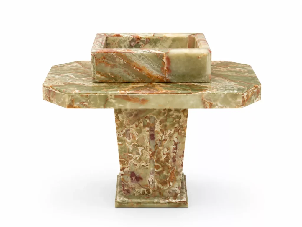 Green onyx pedestal wash basin with natural olive, cream, and rust veining by Pakistan Marble & Onyx