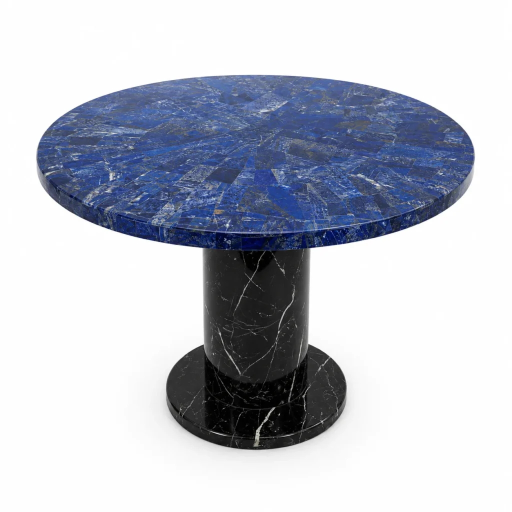 Round Lapis Lazuli coffee table with a polished blue gemstone top and black marble pedestal base, handcrafted by Pakistan Marble & Onyx.
