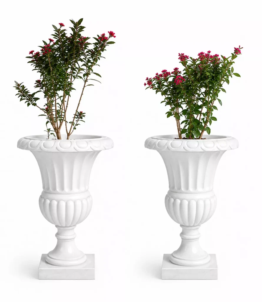 Classic White Sandstone urn planter handcrafted by Pakistan Marble & Onyx for luxury gardens, hotels, villas, landscape architecture, custom manufacturing, and worldwide export.