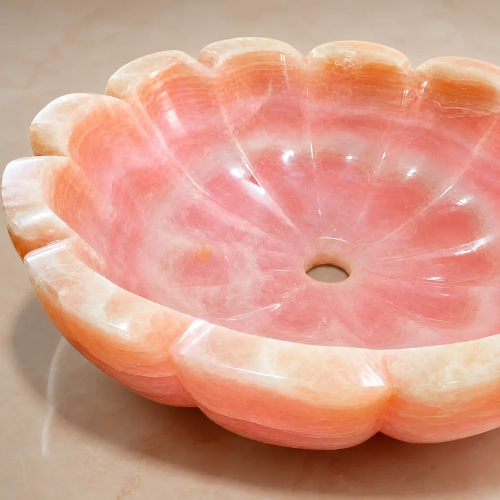 pink onyx washbasin Undermount pink onyx sink for luxury bathroom vanity
Rectangular pink onyx trough sink for double vanity design
Pink onyx pedestal sink with hand-polished finish
Custom oval pink onyx vessel sink, made to order