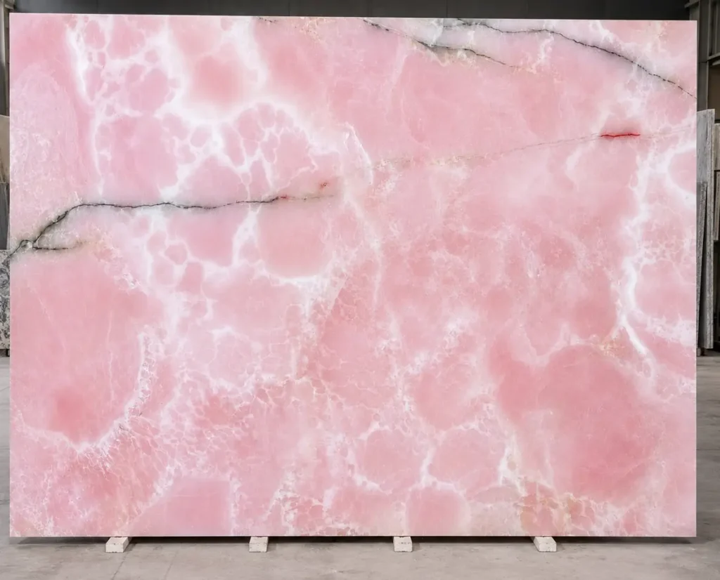Large polished pink onyx slab with natural white veining and translucent rose pink patterns displayed in a stone warehouse