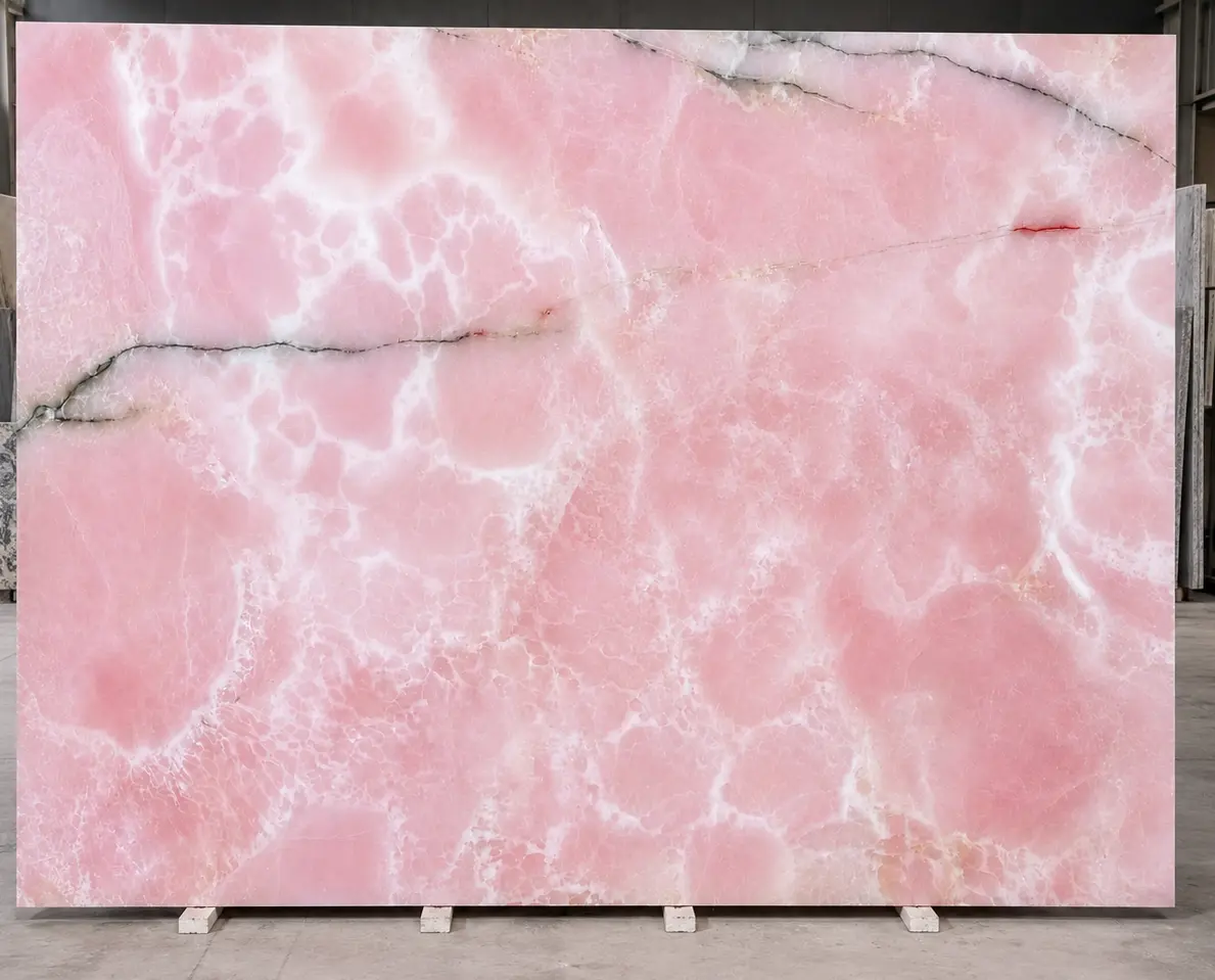 Polished pink onyx marble slabs, tiles and blocks from Pakistan Marble & Onyx factory