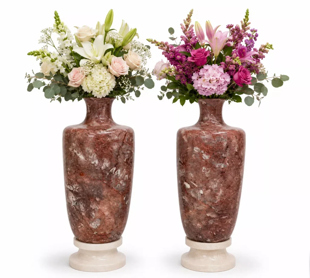 Handcrafted Luxury Red Marble vase by Pakistan Marble & Onyx featuring natural red stone veining for floral arrangements, luxury interiors, hotels, custom manufacturing, and worldwide export.