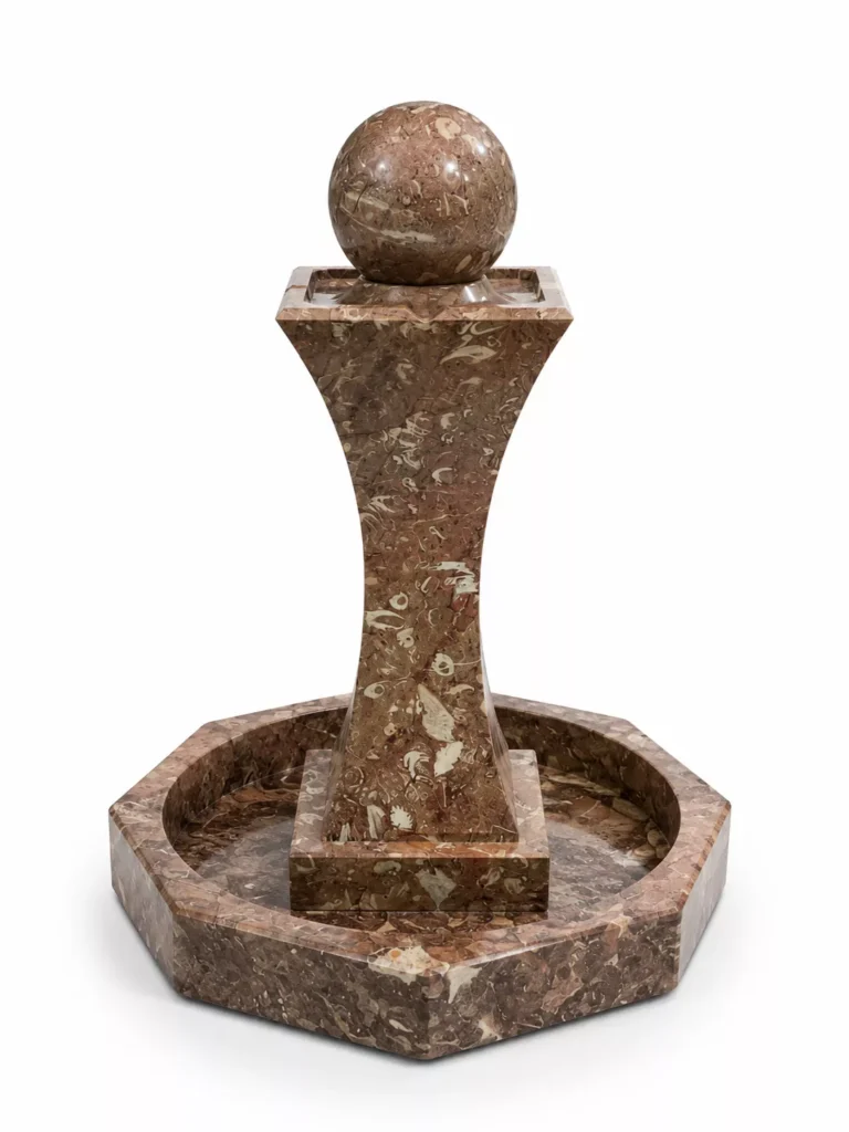 Red Zebra Marble Sphere Waterfall Fountain handcrafted by Pakistan Marble & Onyx featuring a polished marble sphere, modern pedestal design, and natural Red Zebra Marble for luxury gardens, hotels, villas, and worldwide export.