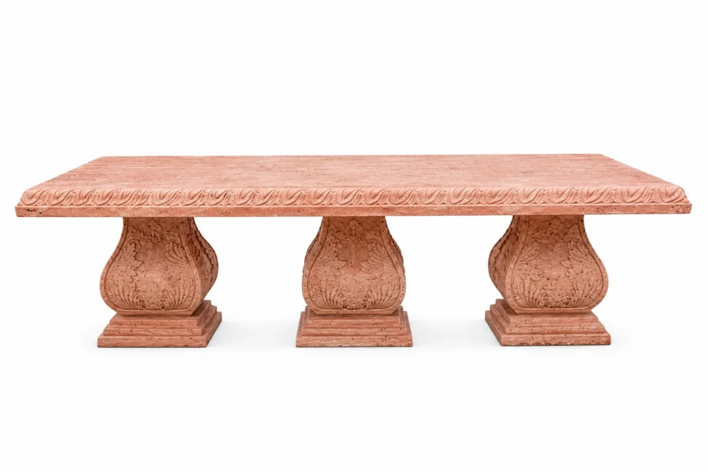Luxury Red Travertine marble console table with intricately carved pedestal bases, handcrafted from premium natural stone.