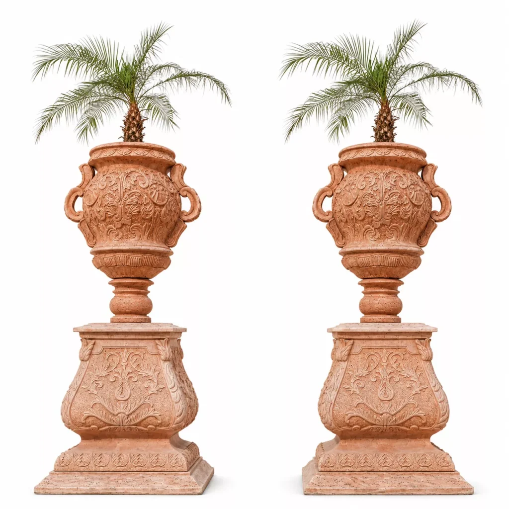 red travertine planters Handcrafted Imperial Red Travertine pedestal planter by Pakistan Marble & Onyx with ornate carvings for luxury landscaping, hotels, villas, and worldwide export.