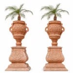 red travertine planters Handcrafted Imperial Red Travertine pedestal planter by Pakistan Marble & Onyx with ornate carvings for luxury landscaping, hotels, villas, and worldwide export.