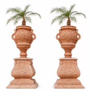 red travertine planters Handcrafted Imperial Red Travertine pedestal planter by Pakistan Marble & Onyx with ornate carvings for luxury landscaping, hotels, villas, and worldwide export.
