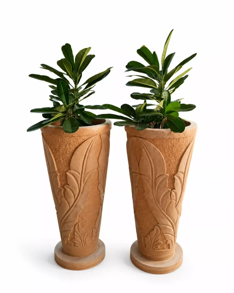 Handcrafted Modern Sandstone floor planter with floral carvings by Pakistan Marble & Onyx for luxury interiors, gardens, hotels, villas, and worldwide export.