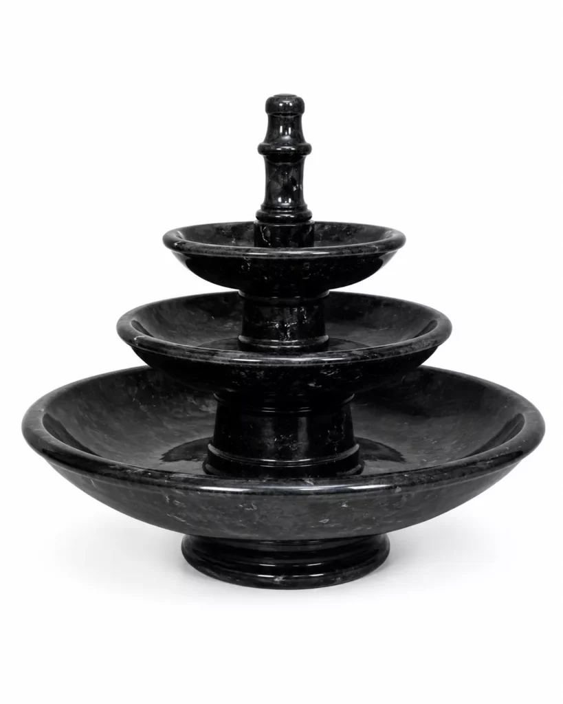 Silky Black Marble Cascade Fountain handcrafted by Pakistan Marble & Onyx featuring a luxury three-tier cascading design in polished natural black marble for gardens, villas, hotels, courtyards, and worldwide export.