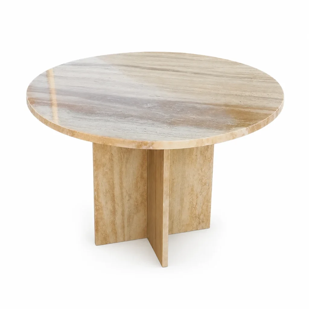 Round Travertine marble dining table with a polished natural stone top and modern cross-pedestal base, handcrafted for luxury interiors.
