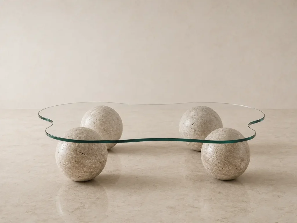 travertine coffee table with glass top and round four travertine balls as base for sale in pakistan and exported worldwide