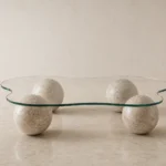 travertine coffee table with glass top and round four travertine balls as base for sale in pakistan and exported worldwide
