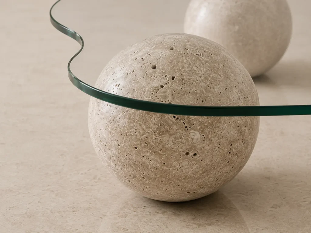 coffee table closeup to travertine coffee table with glass top  and round four travertine balls as base for sale in pakistan and exported worldwide