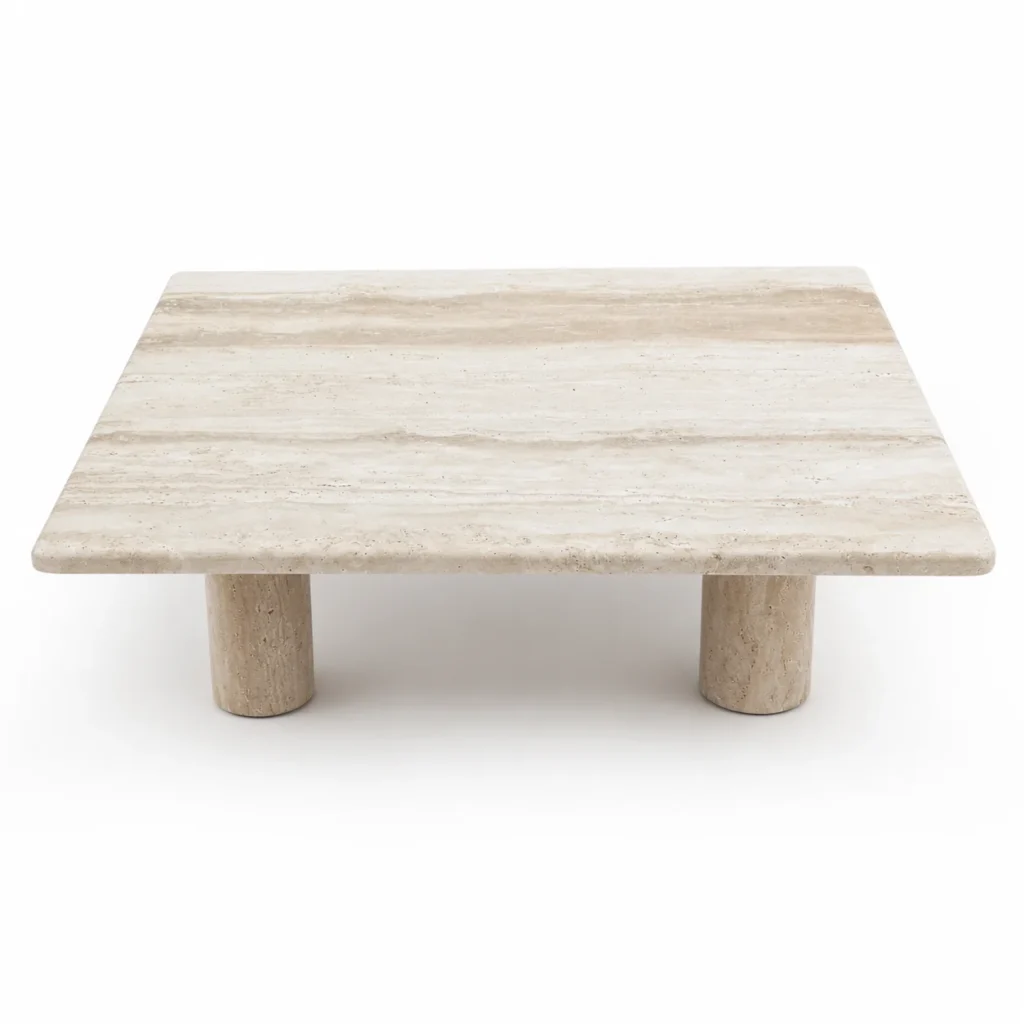 Travertine marble coffee table with a rectangular polished top and cylindrical legs, handcrafted by Pakistan Marble & Onyx.