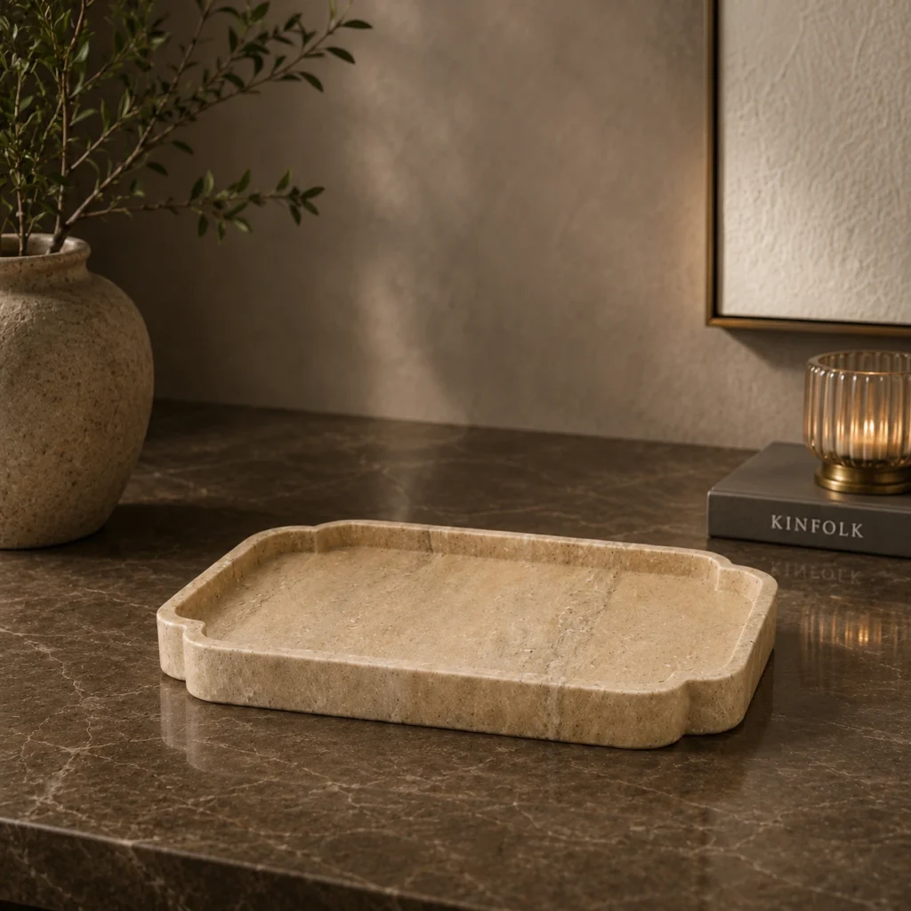 Handcrafted Travertine Marble Tray made from premium natural beige travertine with polished finish for bathroom, coffee table, kitchen, vanity, and luxury home décor by Pakistan Marble & Onyx.