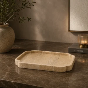 Handcrafted Travertine Marble Tray made from premium natural beige travertine with polished finish for bathroom, coffee table, kitchen, vanity, and luxury home décor by Pakistan Marble & Onyx.
