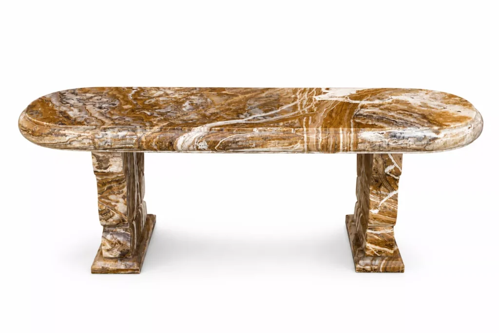 Luxury Travertine Onyx Bench handcrafted by Pakistan Marble & Onyx with natural golden beige veining for luxury homes, hotels, gardens, villas, and worldwide export.