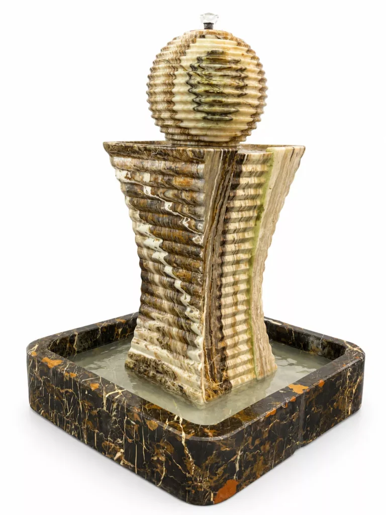 Modern Travertine Onyx Waterfall Fountain handcrafted by Pakistan Marble & Onyx with a Black & Gold Marble base, ribbed stone sphere, and cascading water feature for luxury gardens, hotels, villas, and worldwide export.