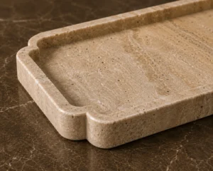 Handcrafted Travertine Marble Tray made from premium natural beige travertine with polished finish for bathroom, coffee table, kitchen, vanity, and luxury home décor by Pakistan Marble & Onyx.