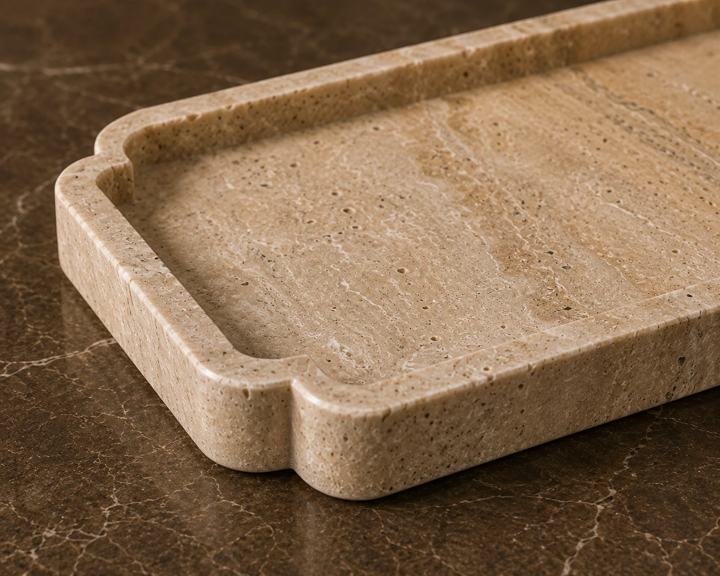 Handcrafted Travertine Marble Tray made from premium natural beige travertine with polished finish for bathroom, coffee table, kitchen, vanity, and luxury home décor by Pakistan Marble & Onyx.